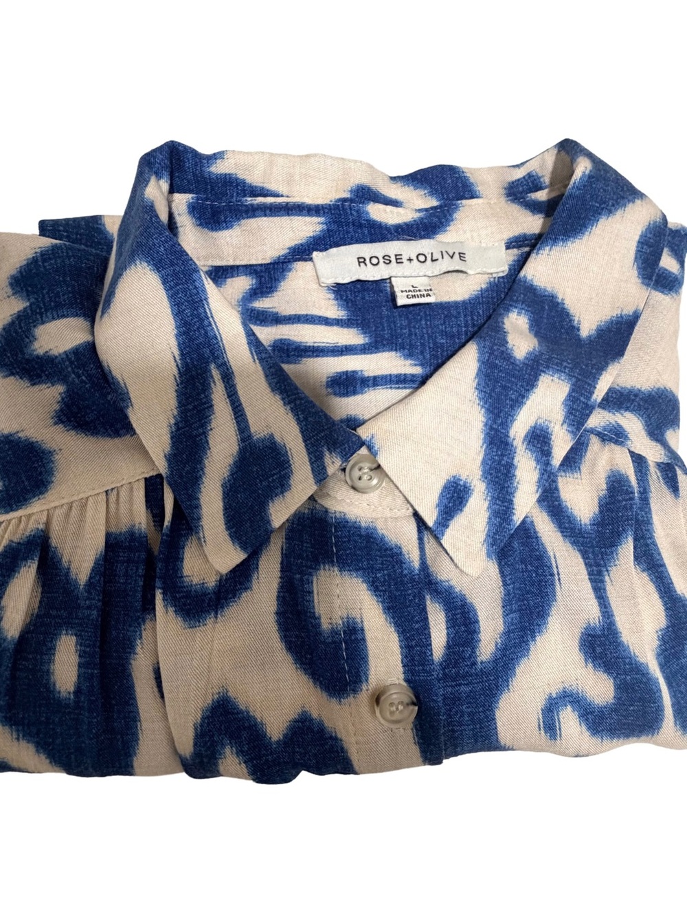 Rose & Olive Blue White Ikat Short Sleeve Blouse L - Picture 9 of 11